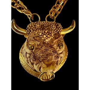 Bull Head Pendant Necklace in Brown & Gold-Tone
